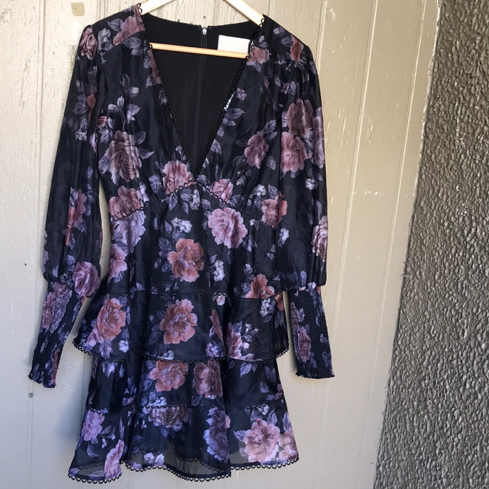 KEEPSAKE the Label Black and Purple Floral Midi Dress